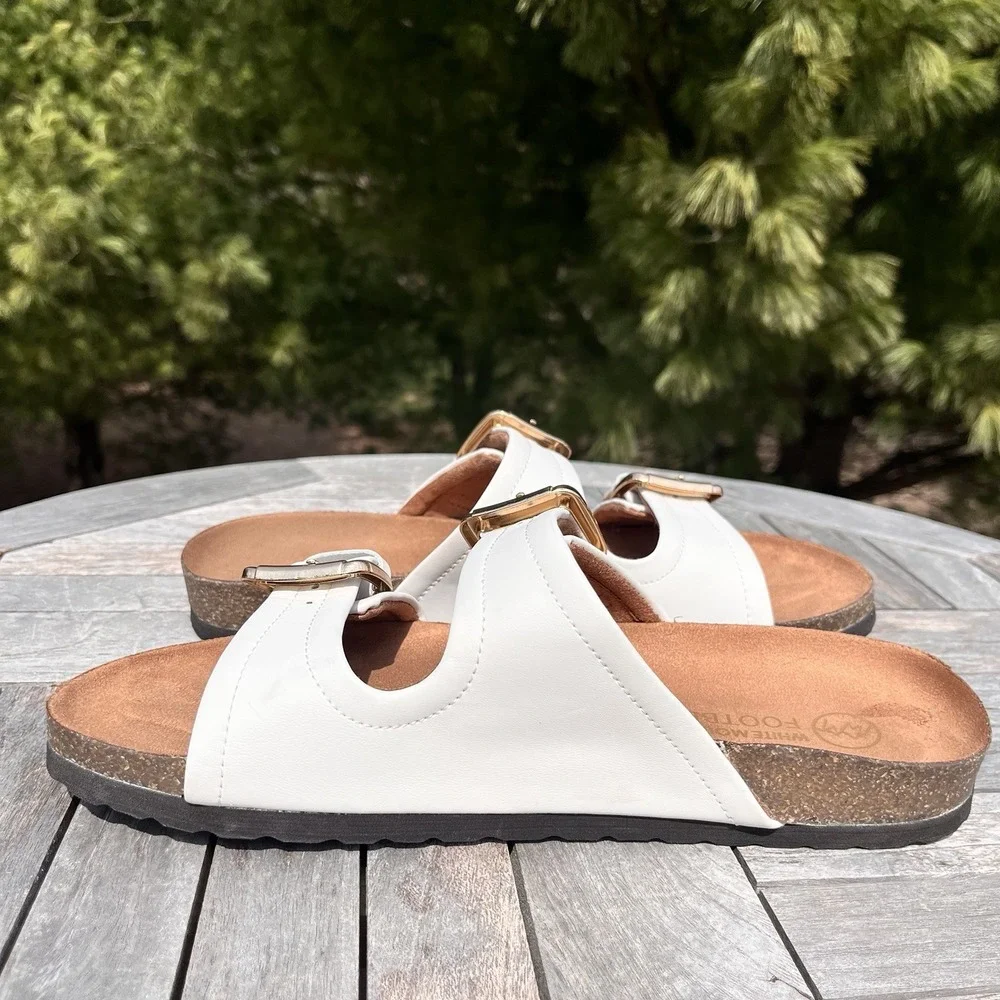 White Mountain Griffin Sandal Wmns Size 9 White Leather Double Strap Buckle Cork